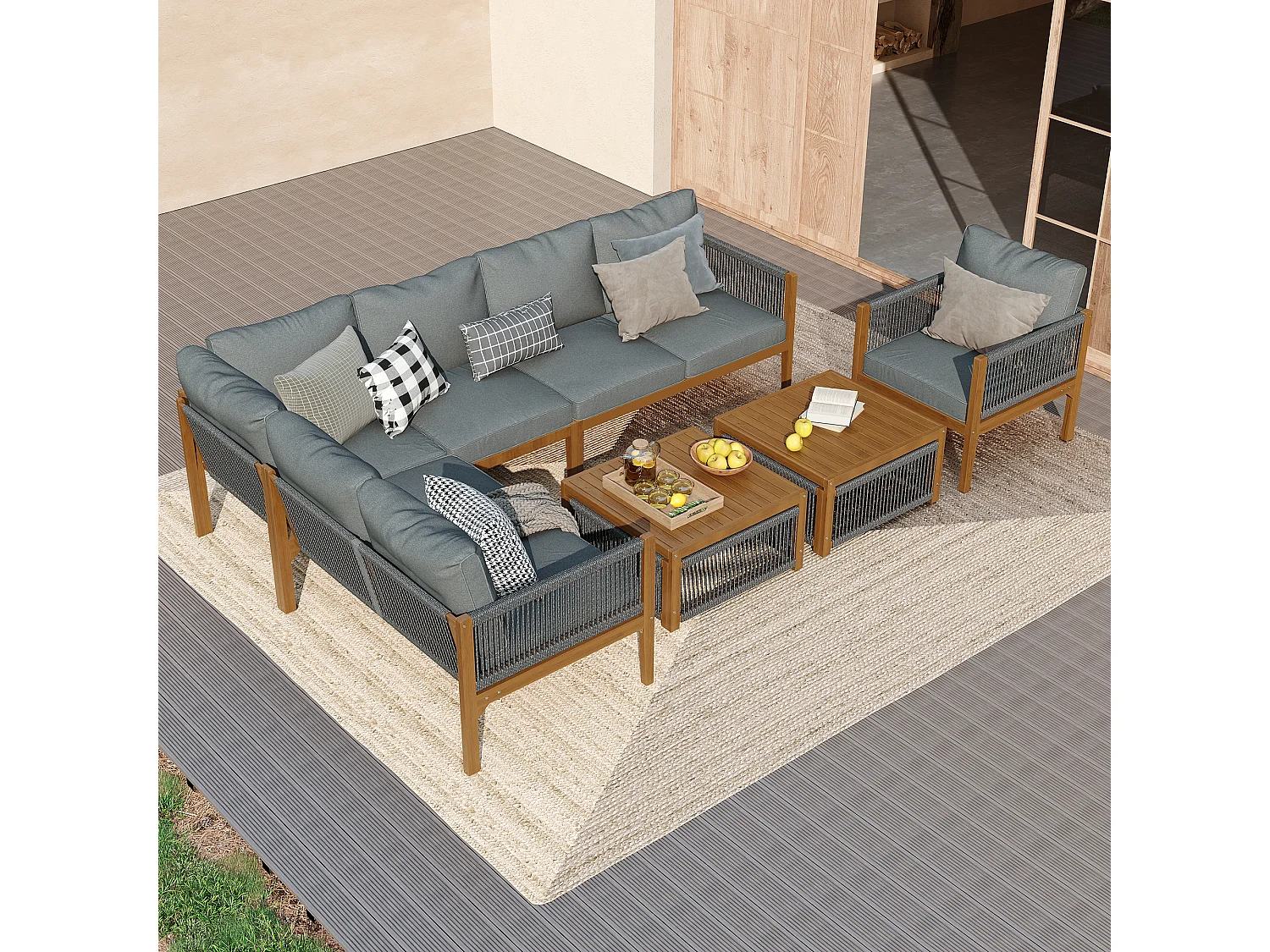 Modular acacia wood garden furniture set - suitable for 7 people - 2 sofas, 2 armchairs and 2 coffee tables - Grey