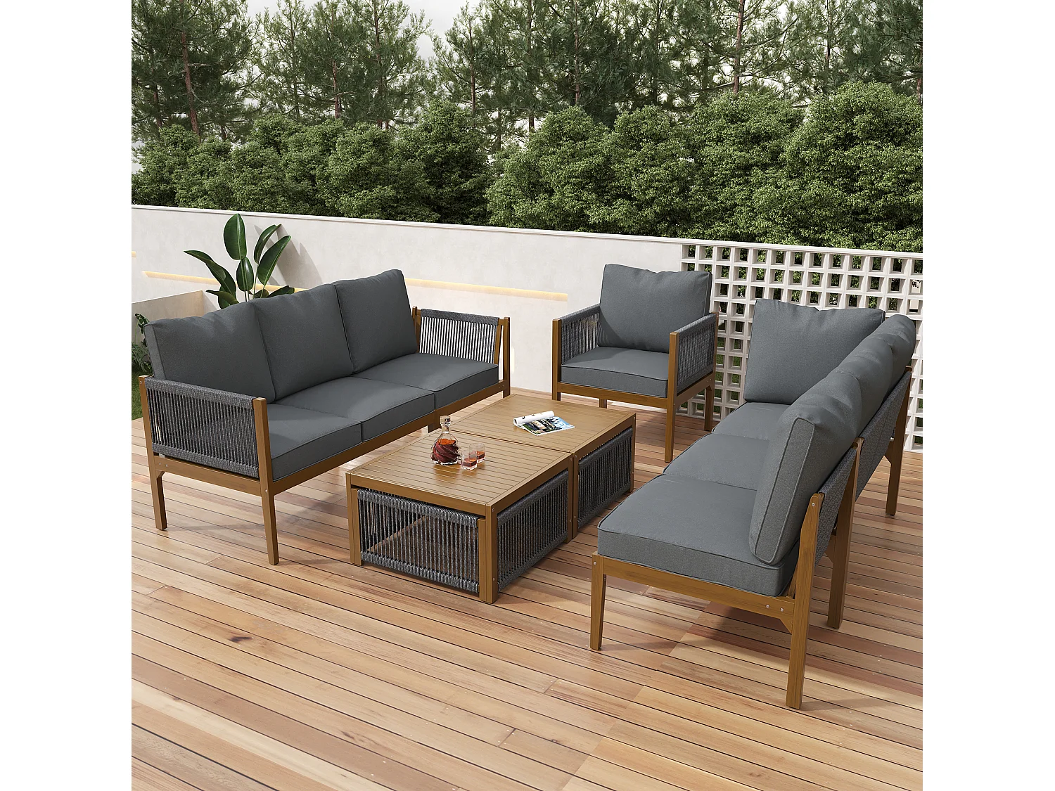 Modular acacia wood garden furniture set - suitable for 7 people - 2 sofas, 2 armchairs and 2 coffee tables - Grey