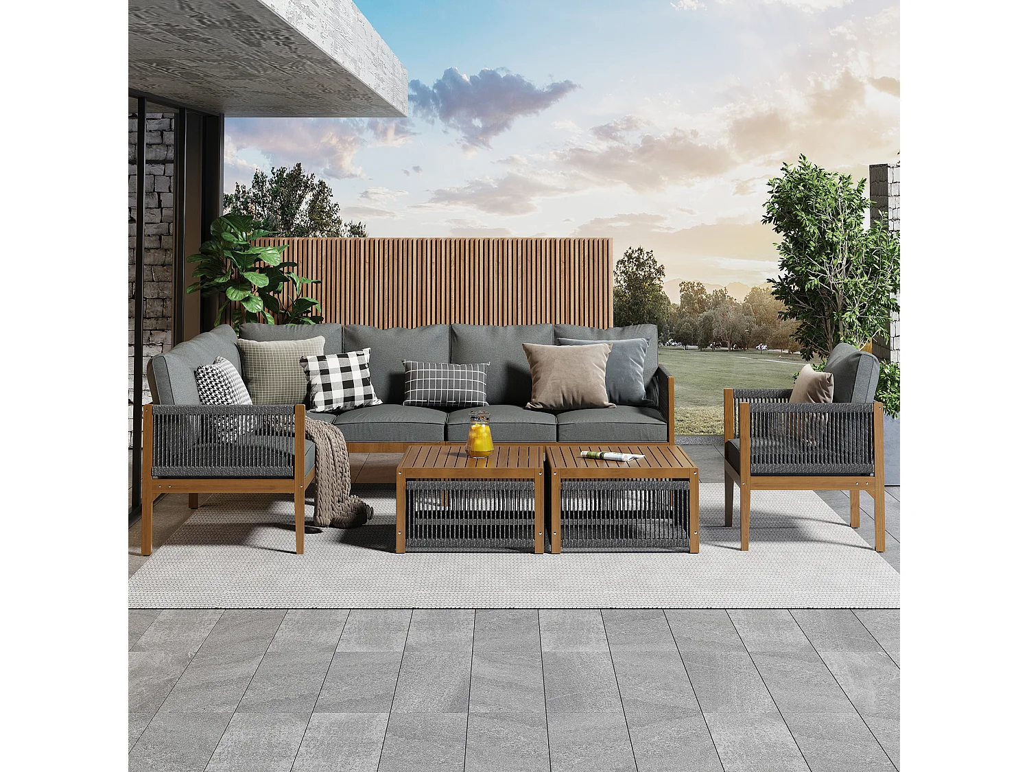 Modular acacia wood garden furniture set - suitable for 7 people - 2 sofas, 2 armchairs and 2 coffee tables - Grey