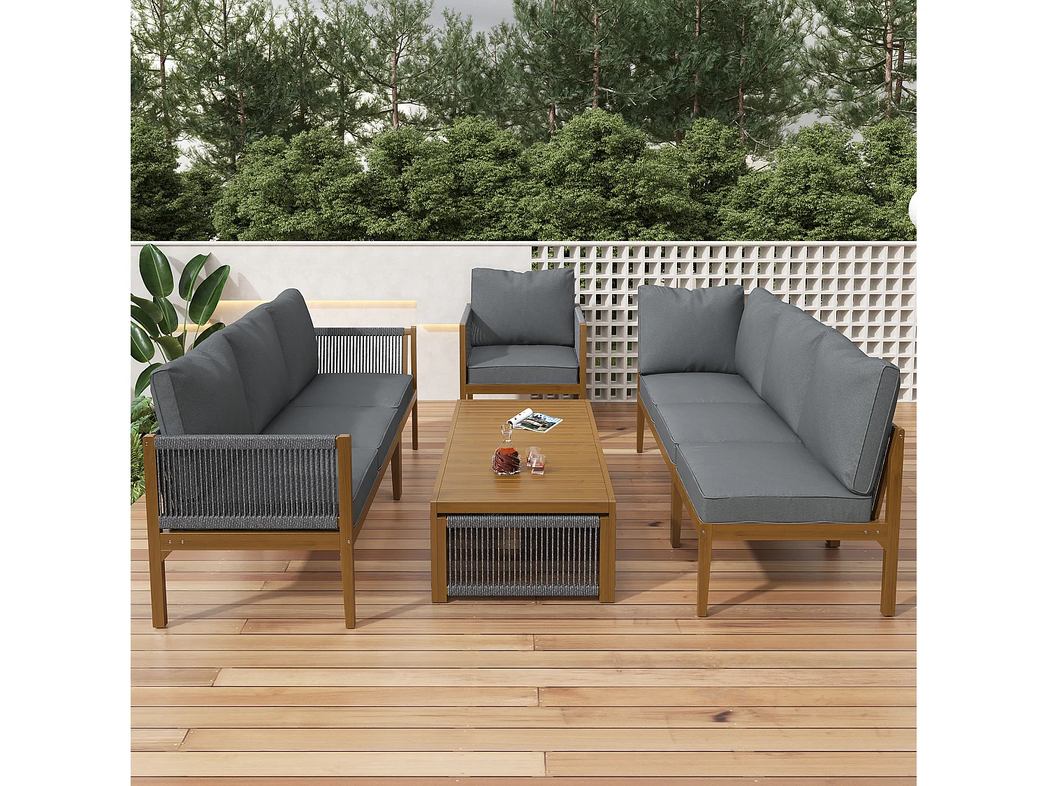 Modular acacia wood garden furniture set - suitable for 7 people - 2 sofas, 2 armchairs and 2 coffee tables - Grey