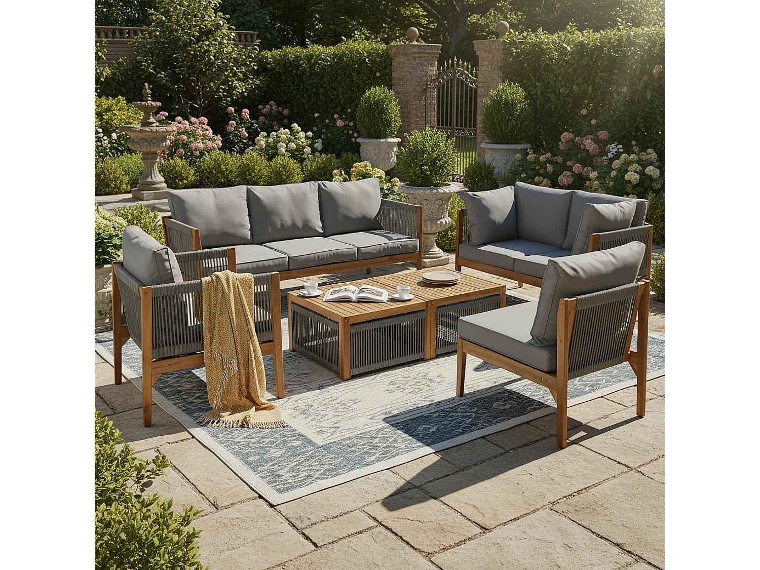 Modular acacia wood garden furniture set - suitable for 7 people - 2 sofas, 2 armchairs and 2 coffee tables - Grey