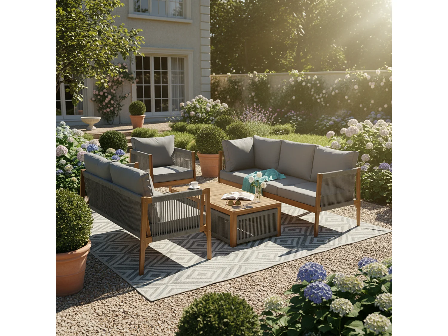 Modular acacia wood garden furniture set - suitable for 7 people - 2 sofas, 2 armchairs and 2 coffee tables - Grey