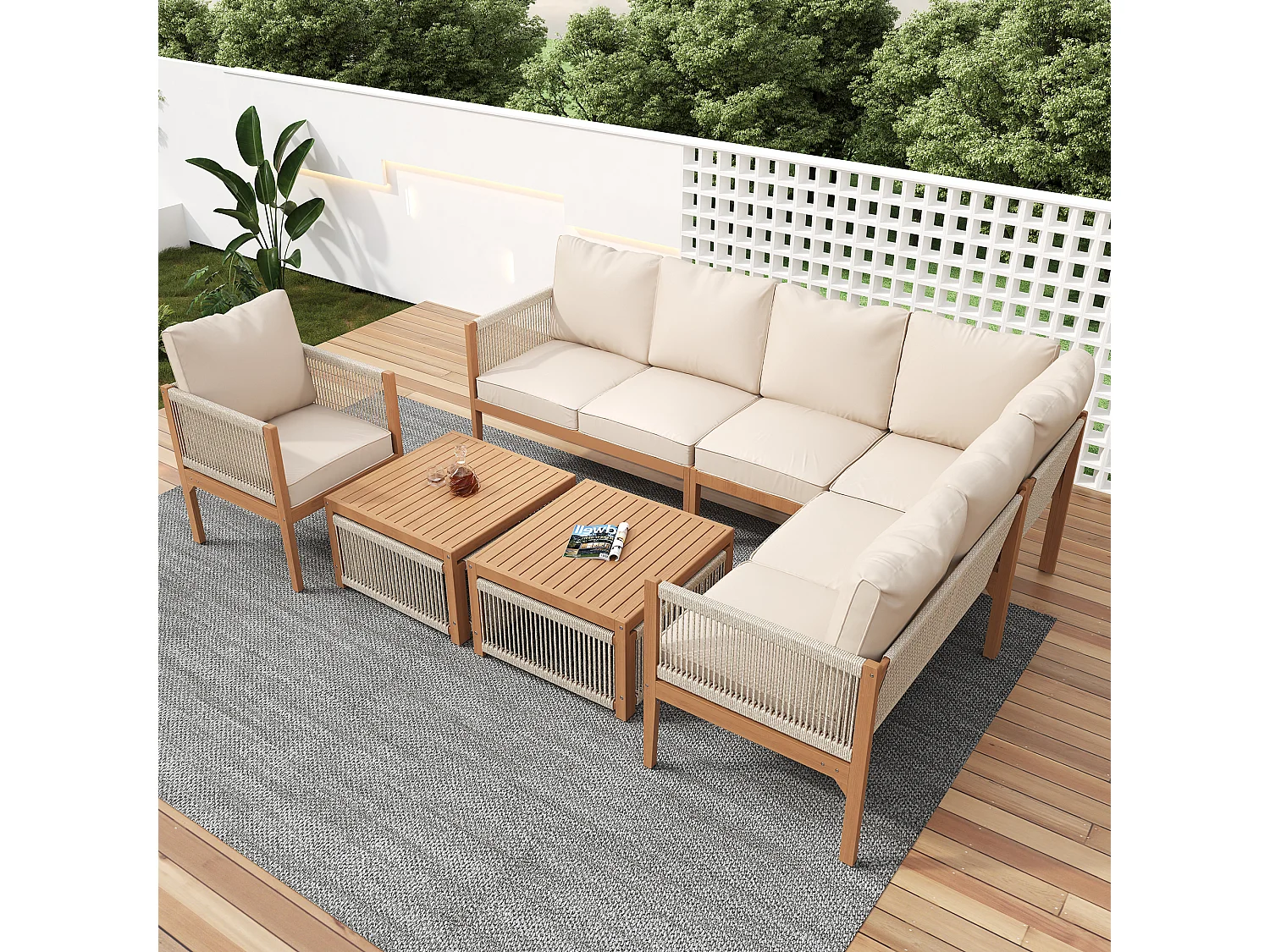 Modular acacia wood garden furniture set - suitable for 7 people - 2 sofas, 2 armchairs and 2 coffee tables - Beige