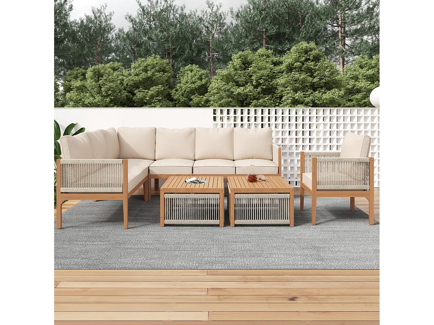 Modular acacia wood garden furniture set - suitable for 7 people - 2 sofas, 2 armchairs and 2 coffee tables - Beige