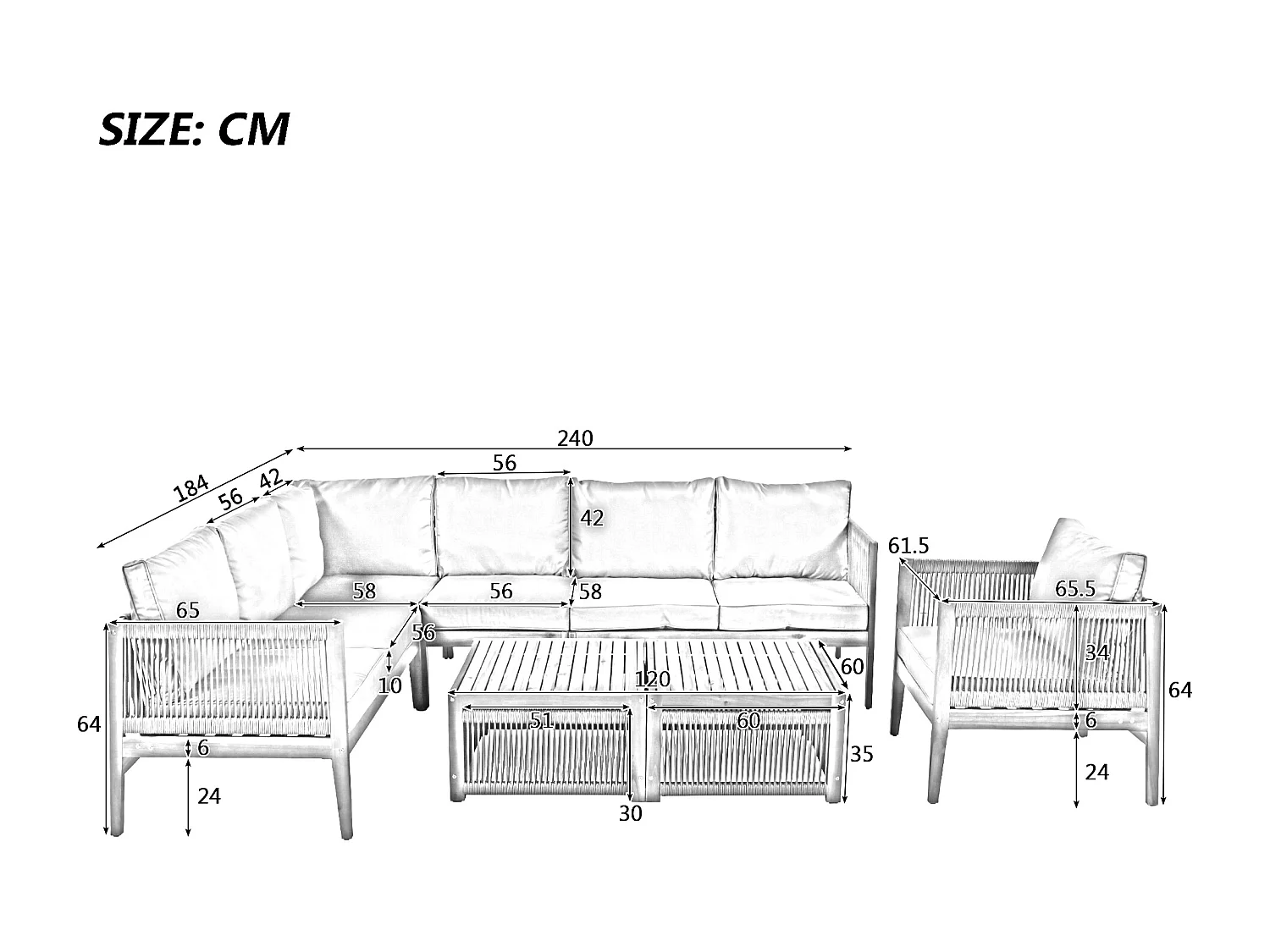 Modular acacia wood garden furniture set - suitable for 7 people - 2 sofas, 2 armchairs and 2 coffee tables - Beige