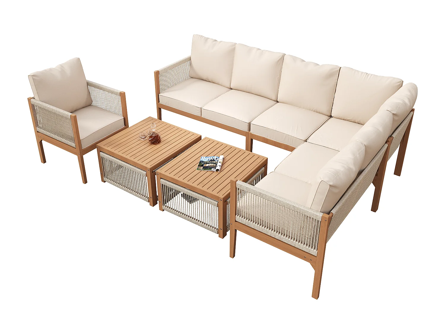 Modular acacia wood garden furniture set - suitable for 7 people - 2 sofas, 2 armchairs and 2 coffee tables - Beige