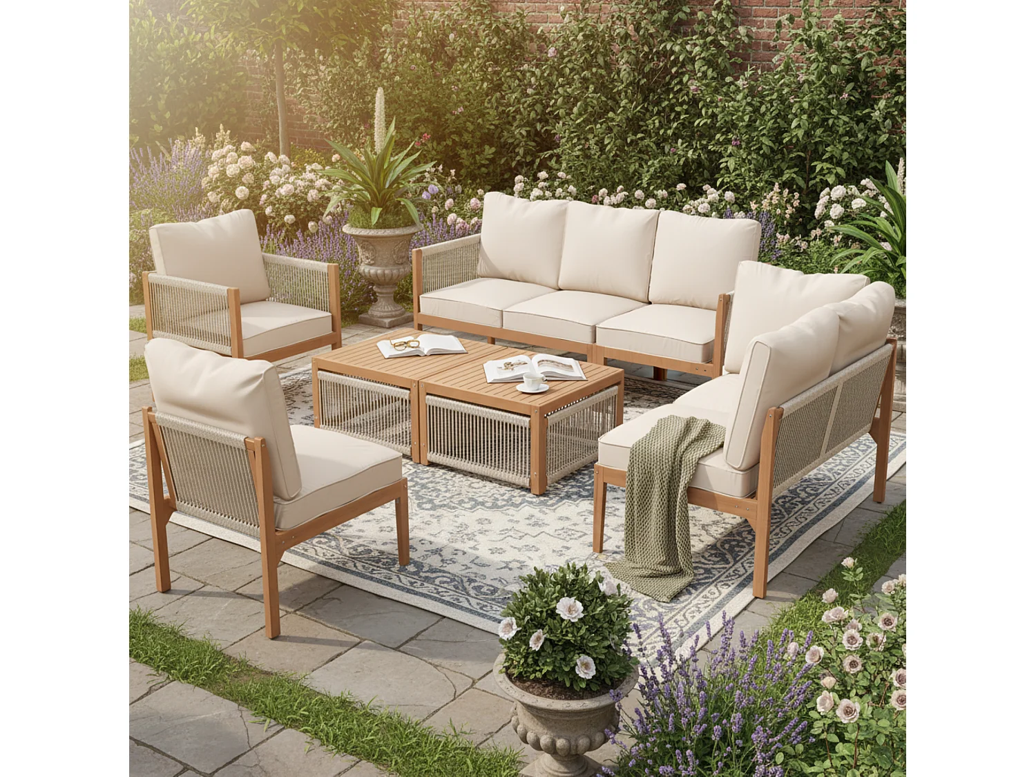 Modular acacia wood garden furniture set - suitable for 7 people - 2 sofas, 2 armchairs and 2 coffee tables - Beige