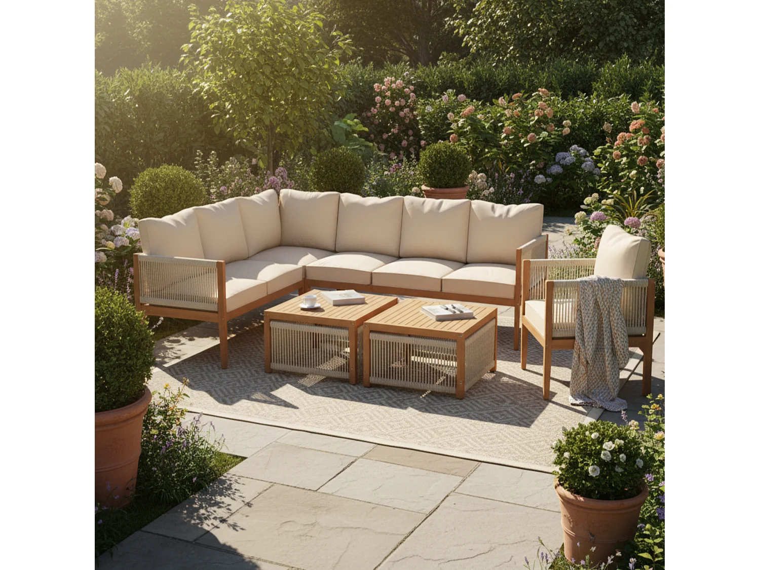 Modular acacia wood garden furniture set - suitable for 7 people - 2 sofas, 2 armchairs and 2 coffee tables - Beige