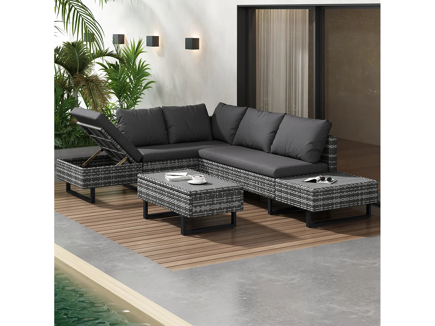 Modular PE rattan garden furniture set - suitable for 4 to 5 people - plastic slat coffee table - Grey