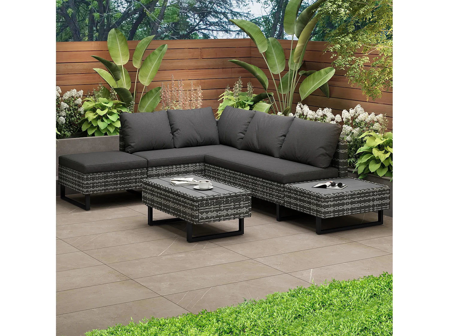 Modular PE rattan garden furniture set - suitable for 4 to 5 people - plastic slat coffee table - Grey