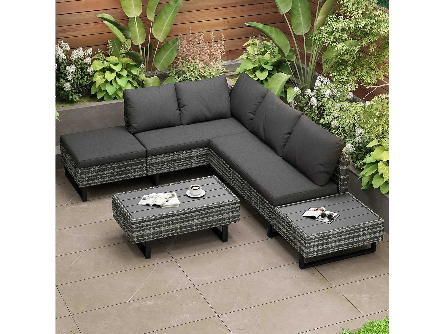 Modular PE rattan garden furniture set - suitable for 4 to 5 people - plastic slat coffee table - Grey