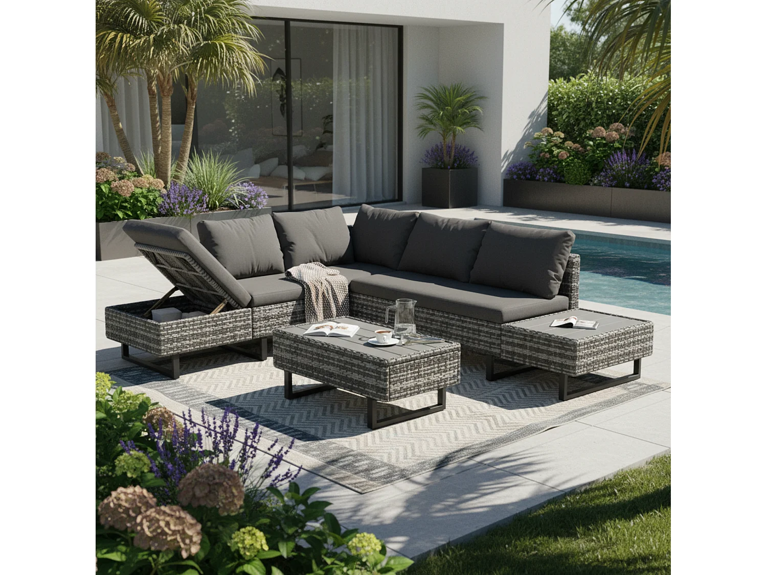 Modular PE rattan garden furniture set - suitable for 4 to 5 people - plastic slat coffee table - Grey
