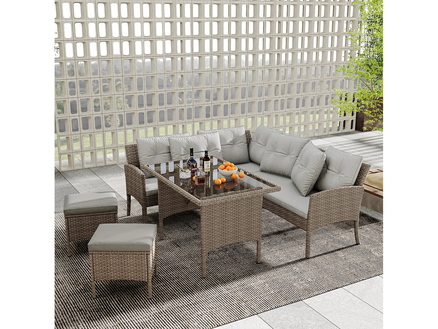7-seater PE rattan garden furniture set - 2 sofas, 2 stools and 1 coffee table - steel frame - Light Grey