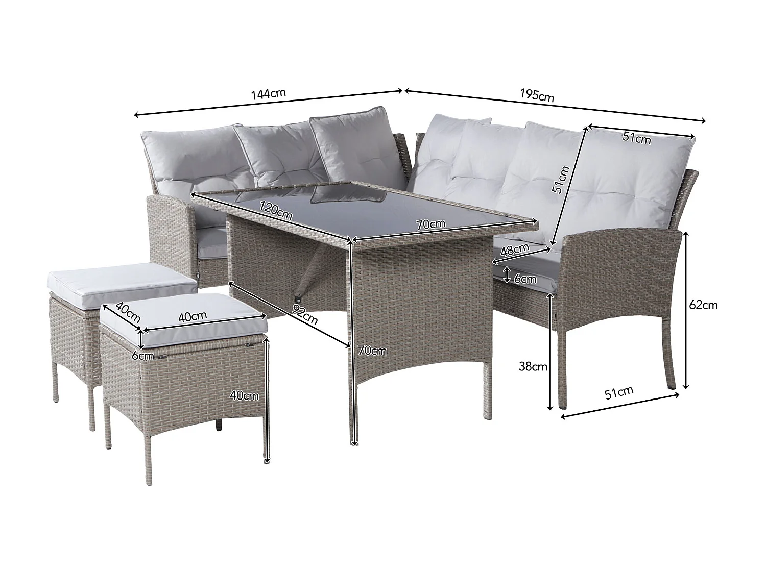 7-seater PE rattan garden furniture set - 2 sofas, 2 stools and 1 coffee table - steel frame - Light Grey