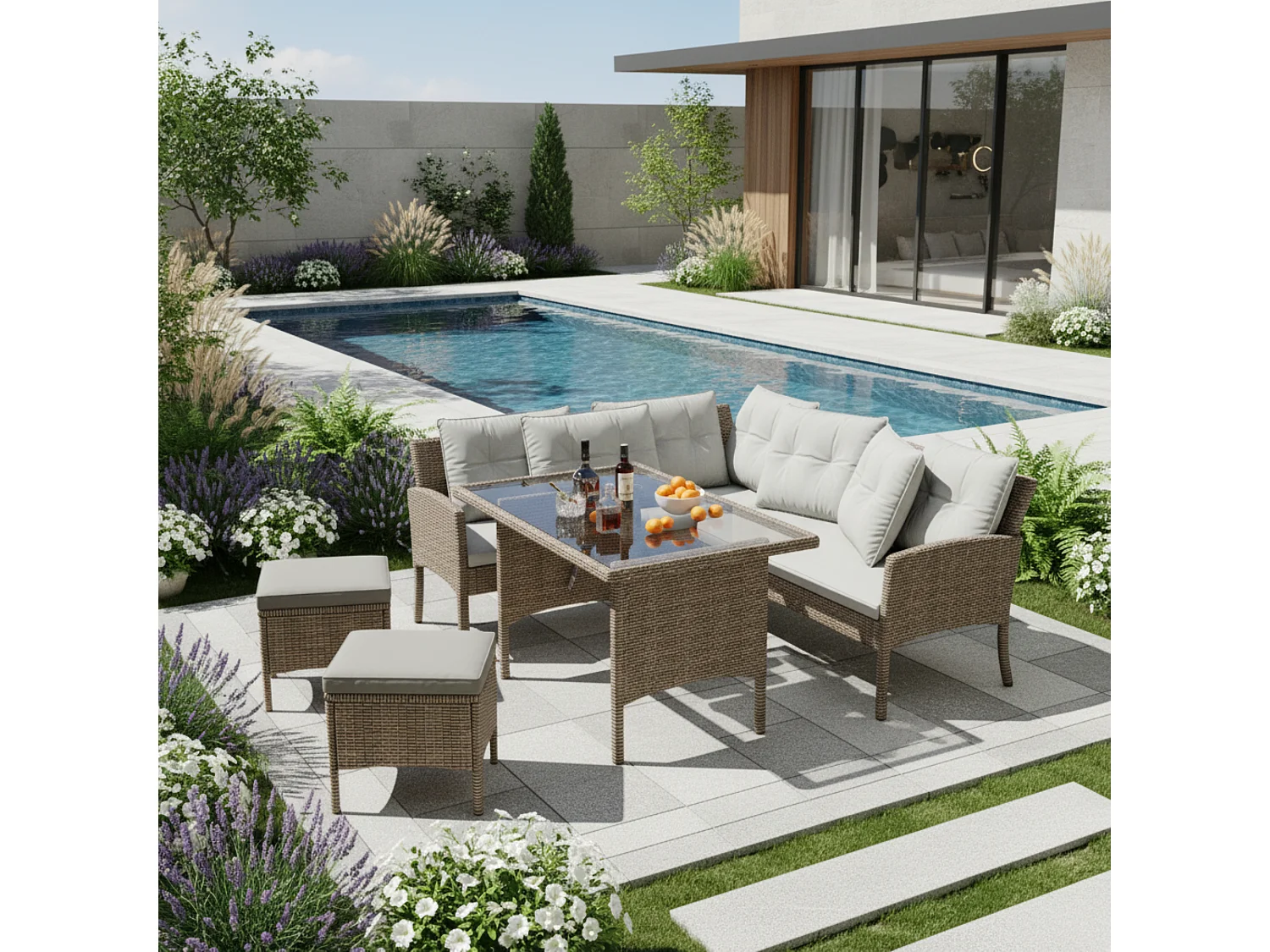 7-seater PE rattan garden furniture set - 2 sofas, 2 stools and 1 coffee table - steel frame - Light Grey