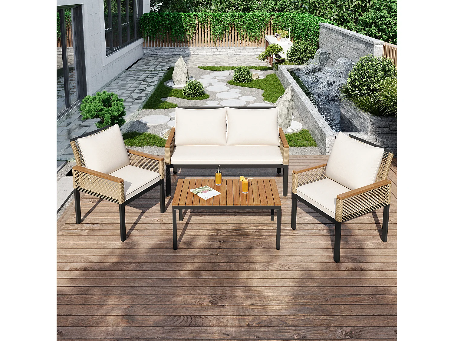 4-Seater Steel Garden Furniture Set - 2 Armchairs and Coffee Table - In Woven Rope and Acacia Wood - Beige