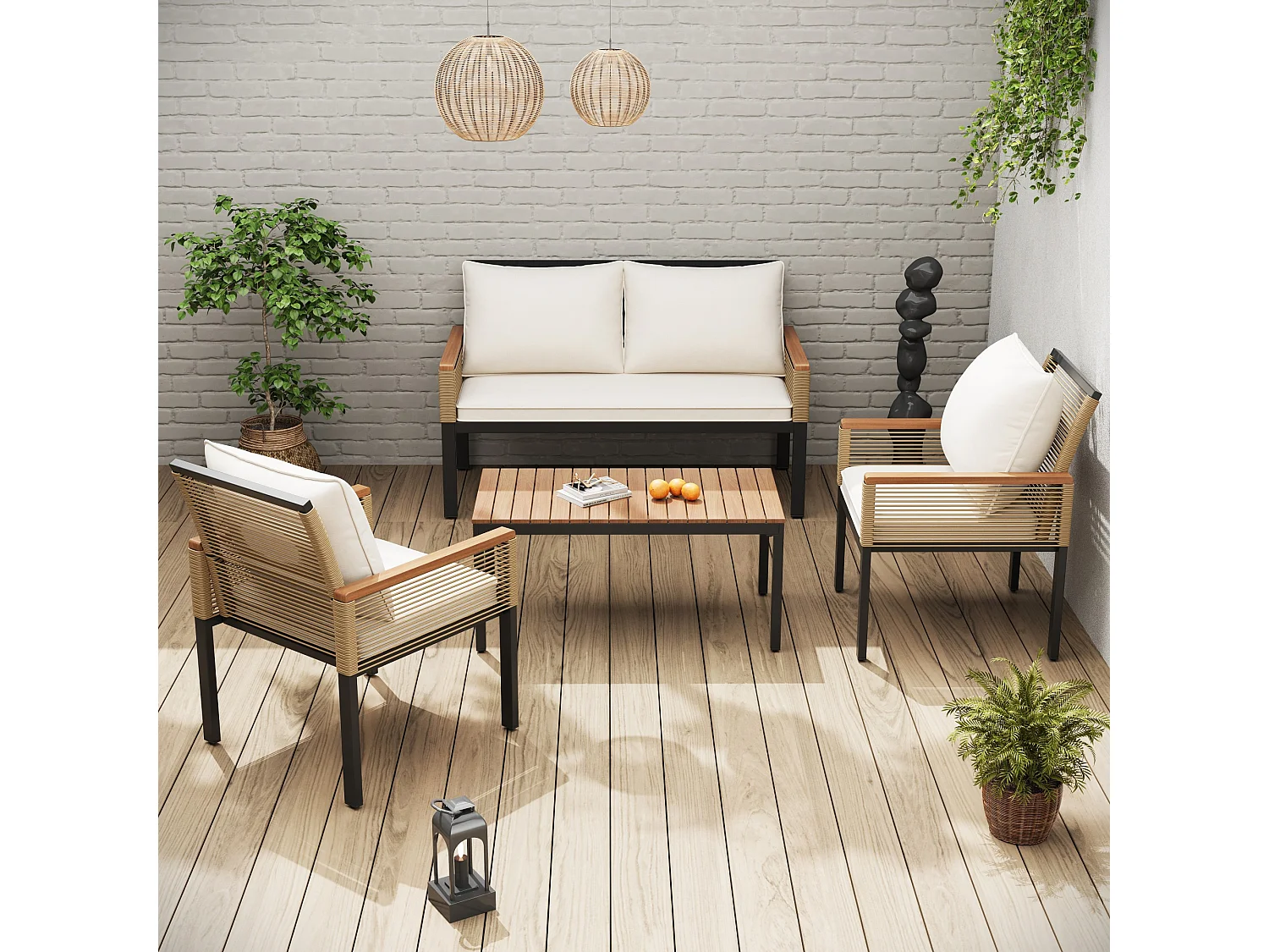 4-Seater Steel Garden Furniture Set - 2 Armchairs and Coffee Table - In Woven Rope and Acacia Wood - Beige