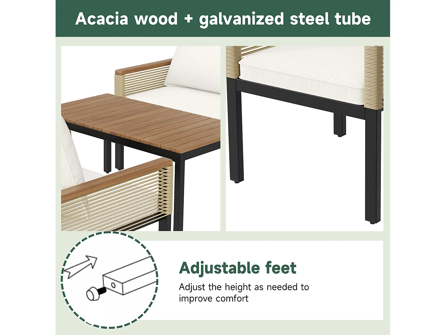 4-Seater Steel Garden Furniture Set - 2 Armchairs and Coffee Table - In Woven Rope and Acacia Wood - Beige