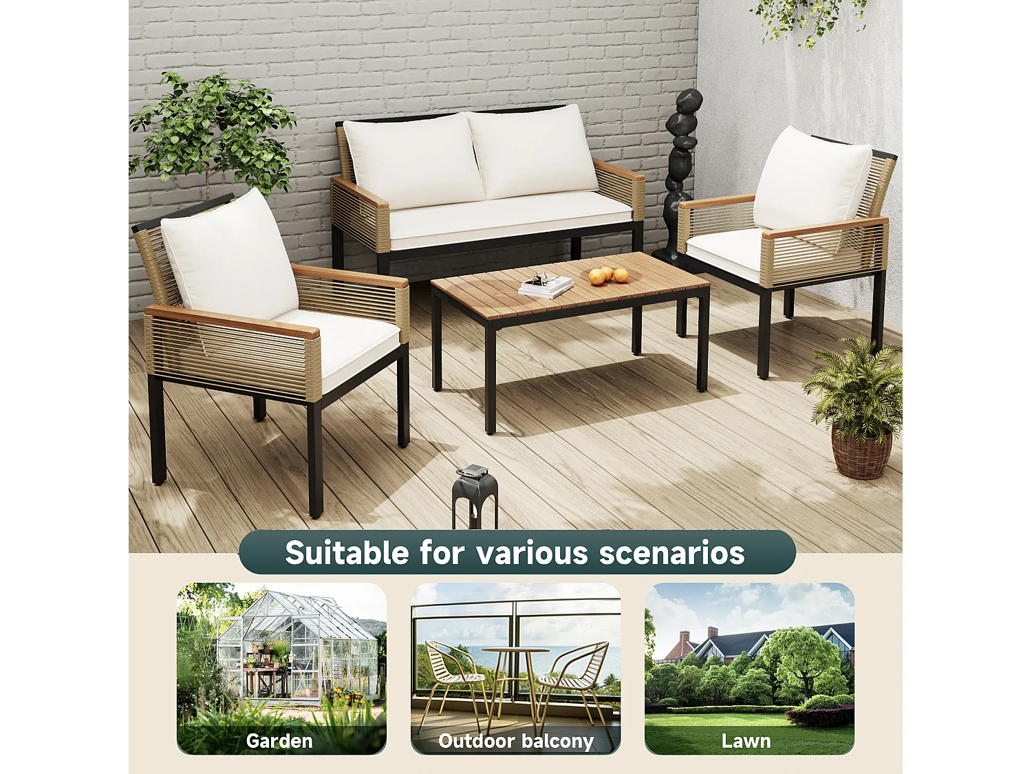 4-Seater Steel Garden Furniture Set - 2 Armchairs and Coffee Table - In Woven Rope and Acacia Wood - Beige