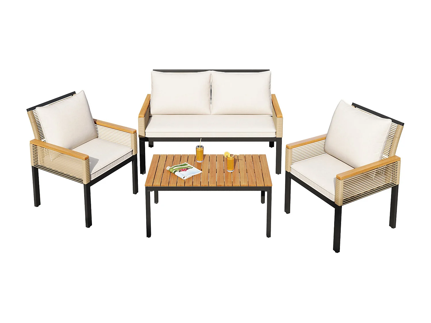 4-Seater Steel Garden Furniture Set - 2 Armchairs and Coffee Table - In Woven Rope and Acacia Wood - Beige