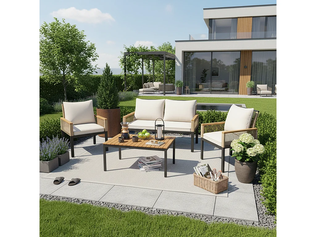 4-Seater Steel Garden Furniture Set - 2 Armchairs and Coffee Table - In Woven Rope and Acacia Wood - Beige