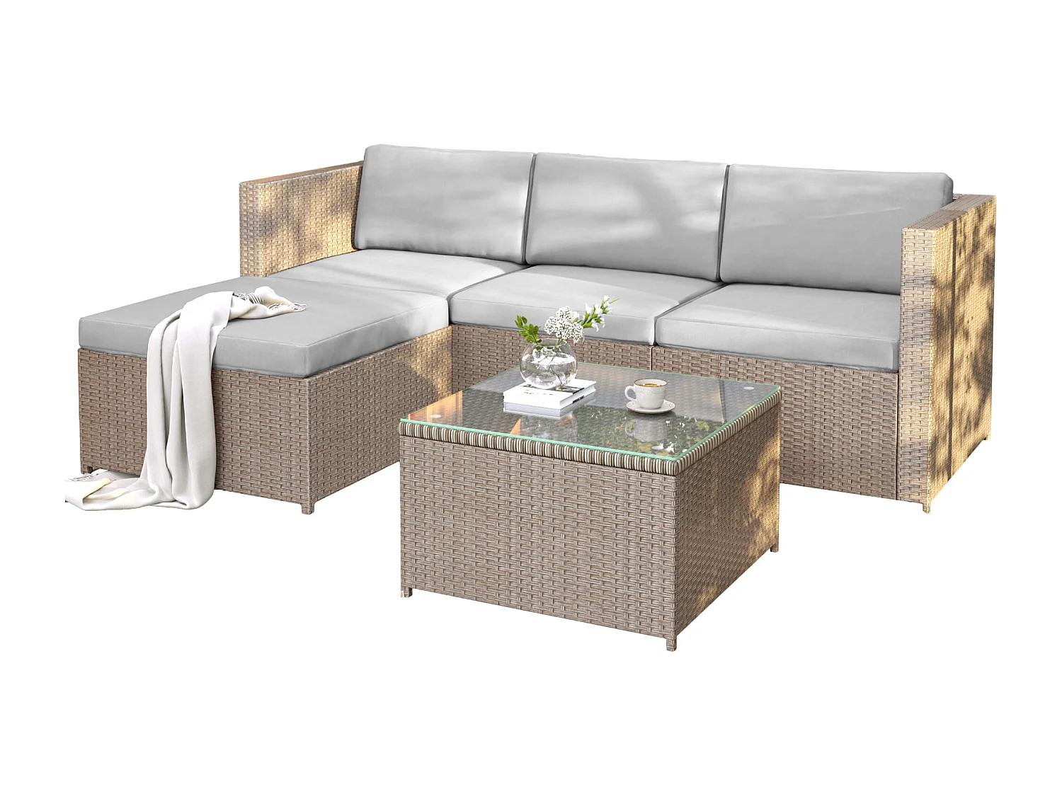 Woven Resin Garden Furniture Set - Outdoor Corner Sofa with Coffee Table - 4 Seater - Khaki