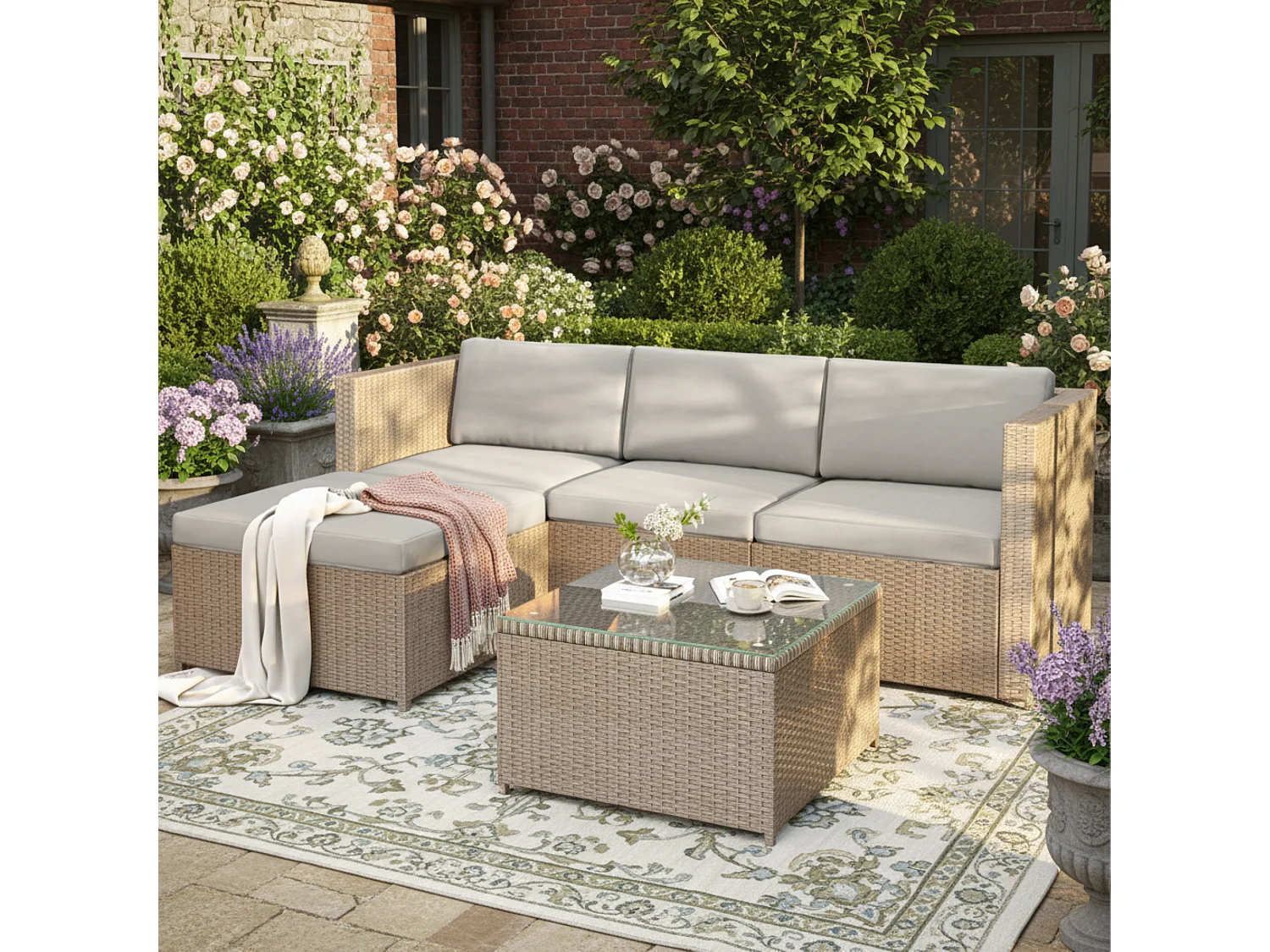 Woven Resin Garden Furniture Set - Outdoor Corner Sofa with Coffee Table - 4 Seater - Khaki