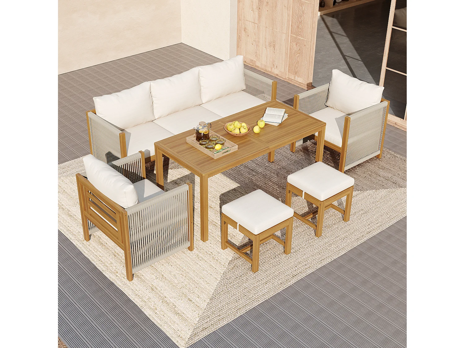 7-seater garden dining set, sofa, 2 single sofas, 2 stools, dining table, acacia wood top, galvanized steel, beige