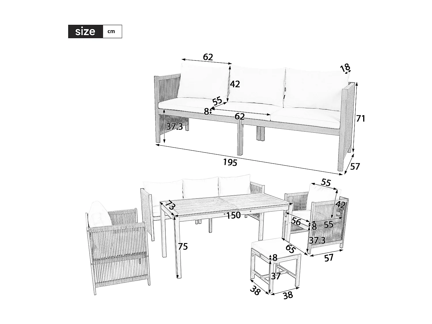 7-seater garden dining set, sofa, 2 single sofas, 2 stools, dining table, acacia wood top, galvanized steel, beige