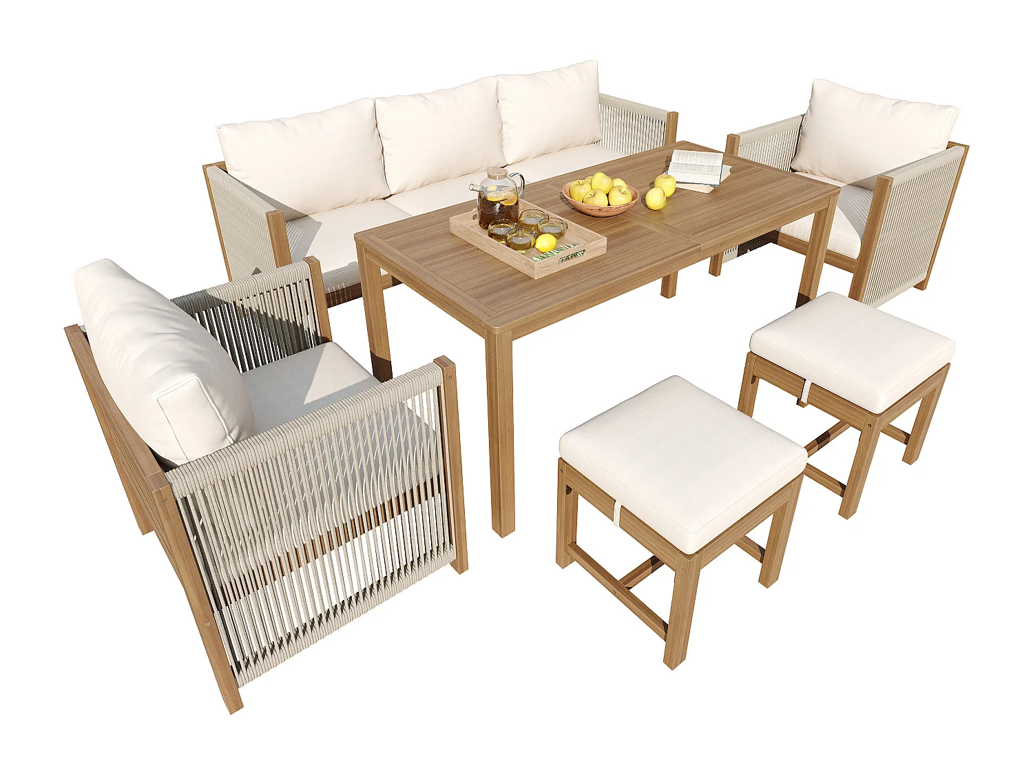 7-seater garden dining set, sofa, 2 single sofas, 2 stools, dining table, acacia wood top, galvanized steel, beige