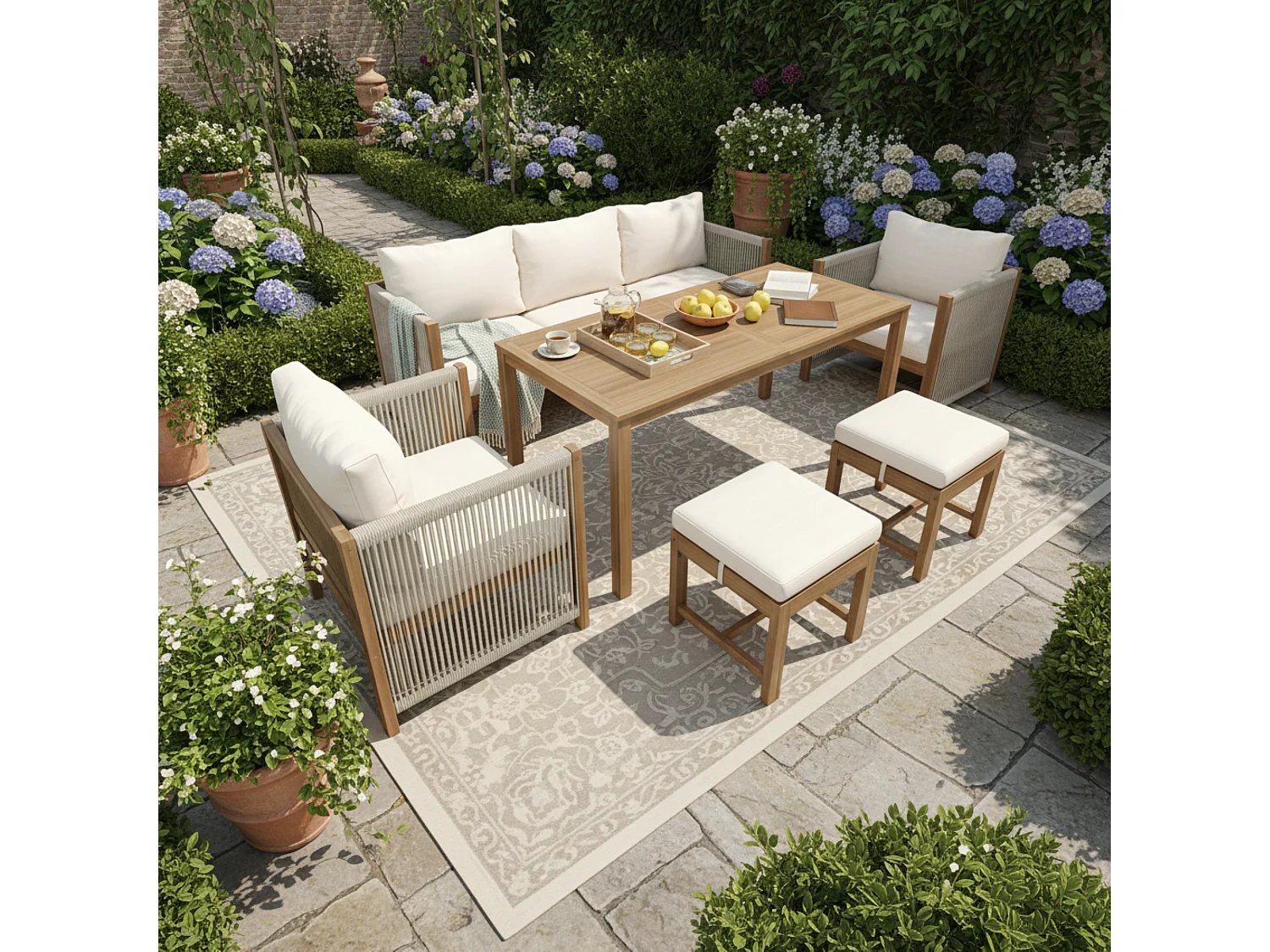 7-seater garden dining set, sofa, 2 single sofas, 2 stools, dining table, acacia wood top, galvanized steel, beige