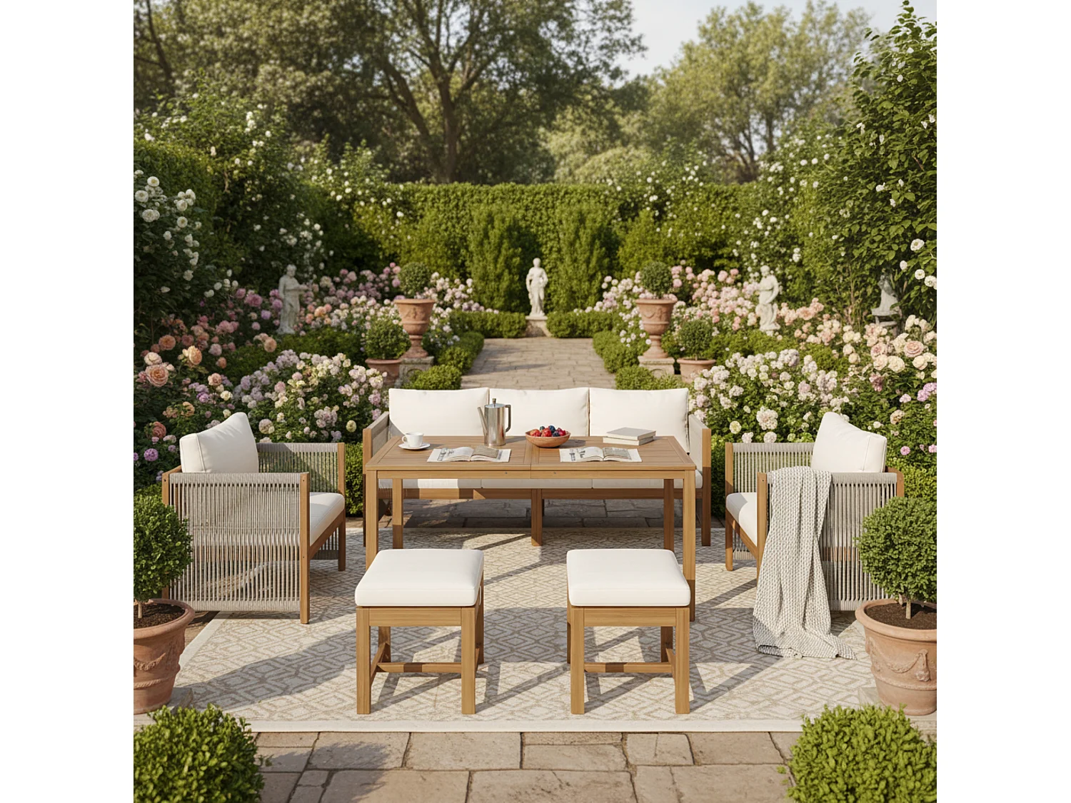 7-seater garden dining set, sofa, 2 single sofas, 2 stools, dining table, acacia wood top, galvanized steel, beige