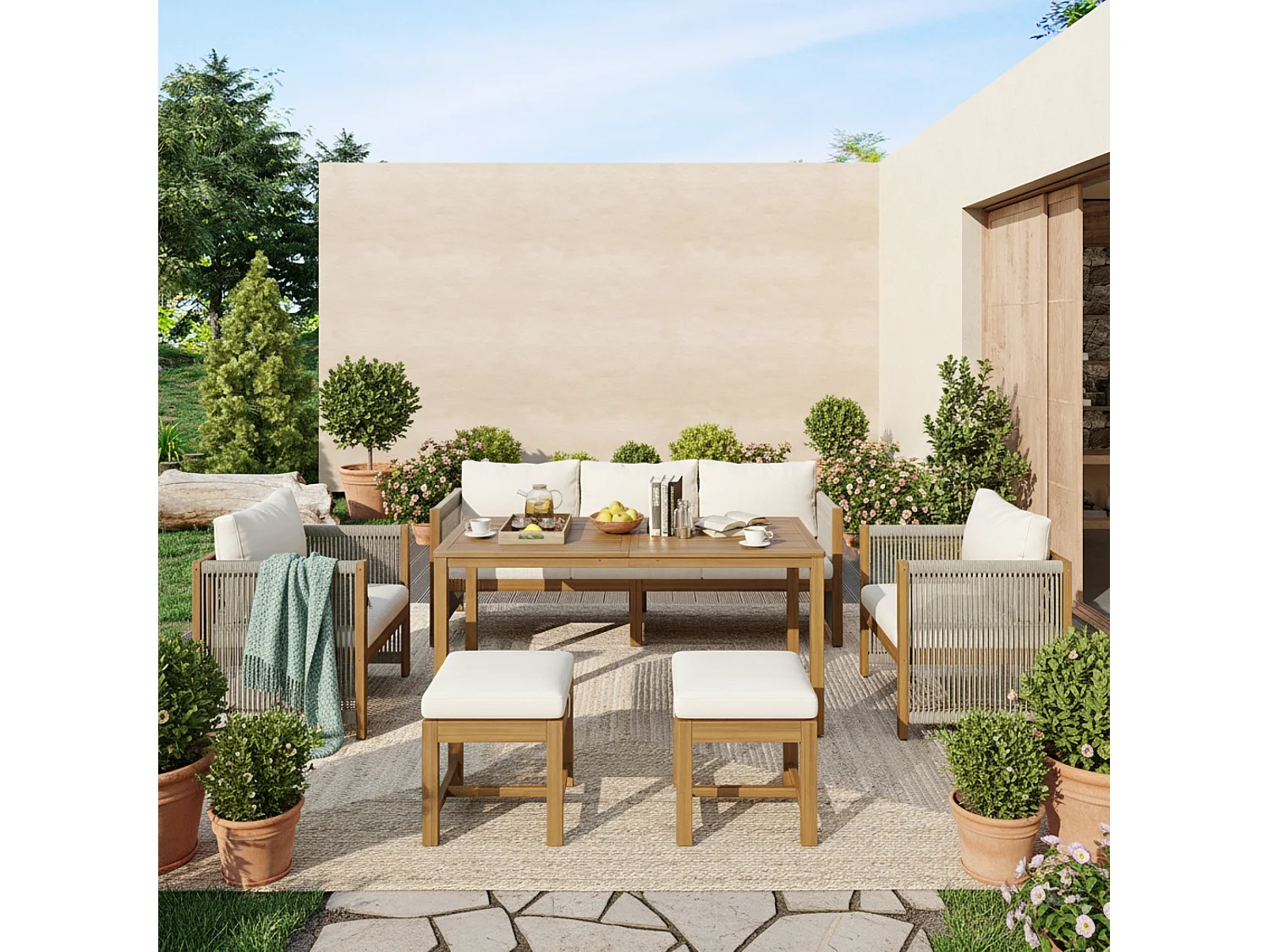 7-seater garden dining set, sofa, 2 single sofas, 2 stools, dining table, acacia wood top, galvanized steel, beige