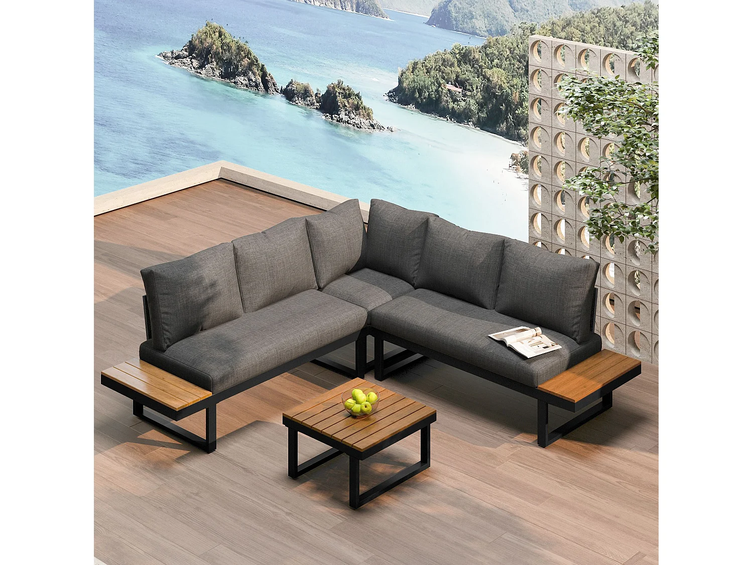 4-Seater Garden Lounge Set - Galvanized Steel - Corner Sofa - 1 Wood Grain Table - Grey