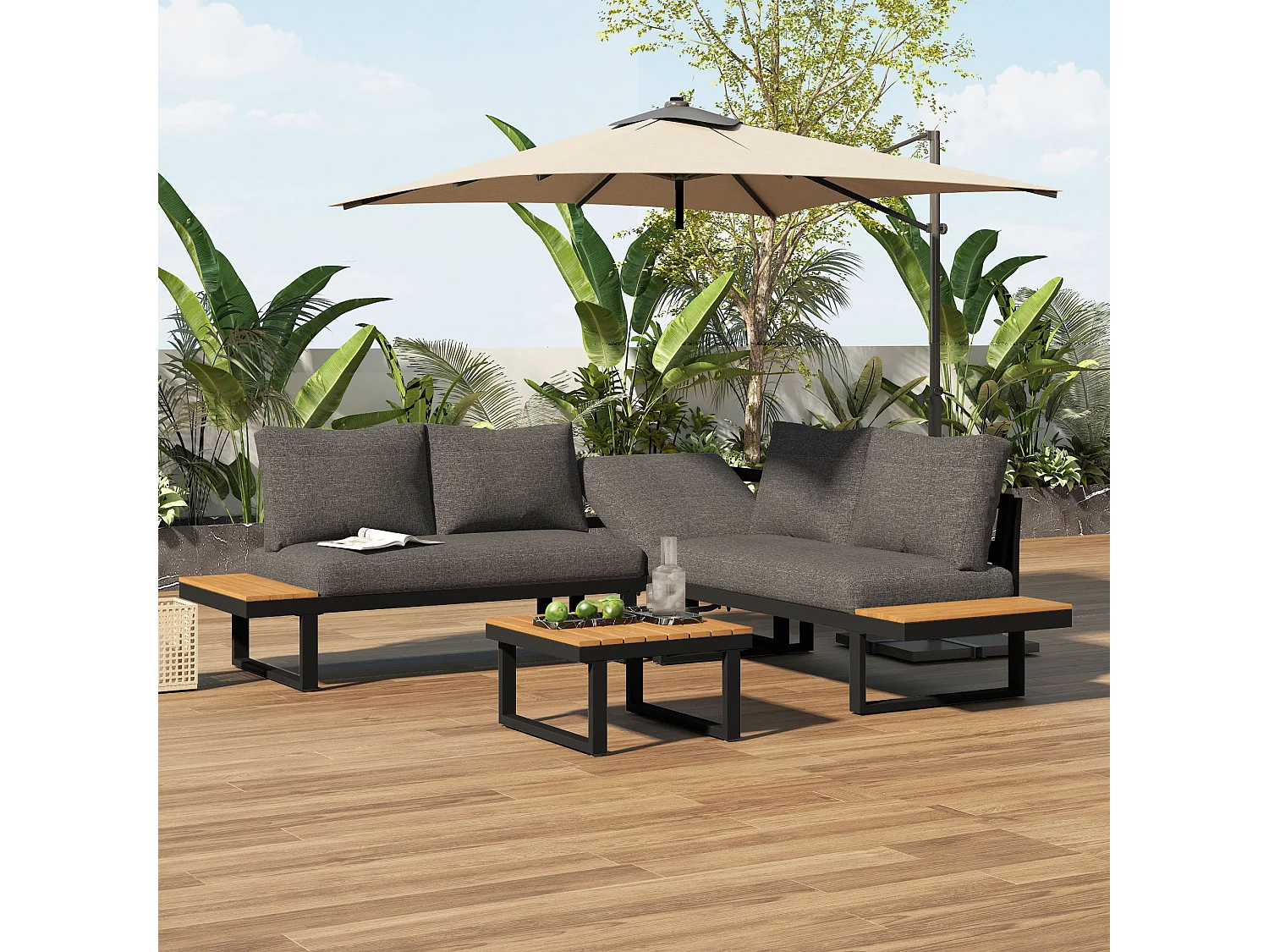 4-Seater Garden Lounge Set - Galvanized Steel - Corner Sofa - 1 Wood Grain Table - Grey