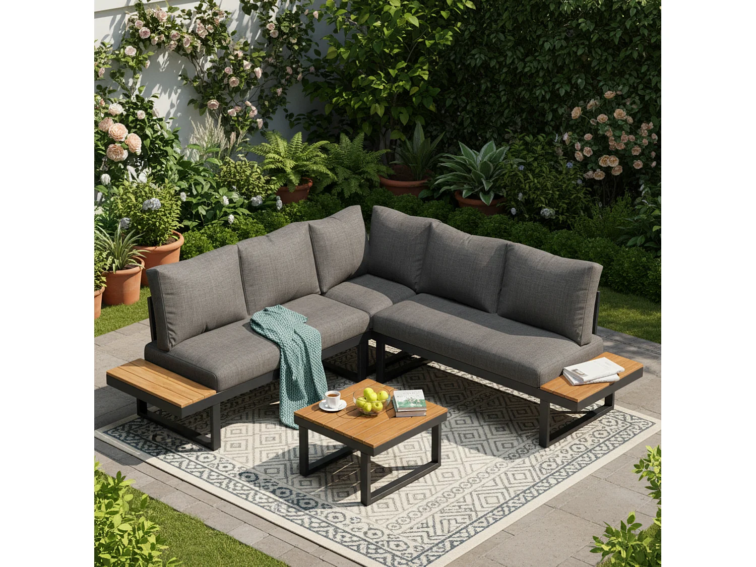 4-Seater Garden Lounge Set - Galvanized Steel - Corner Sofa - 1 Wood Grain Table - Grey