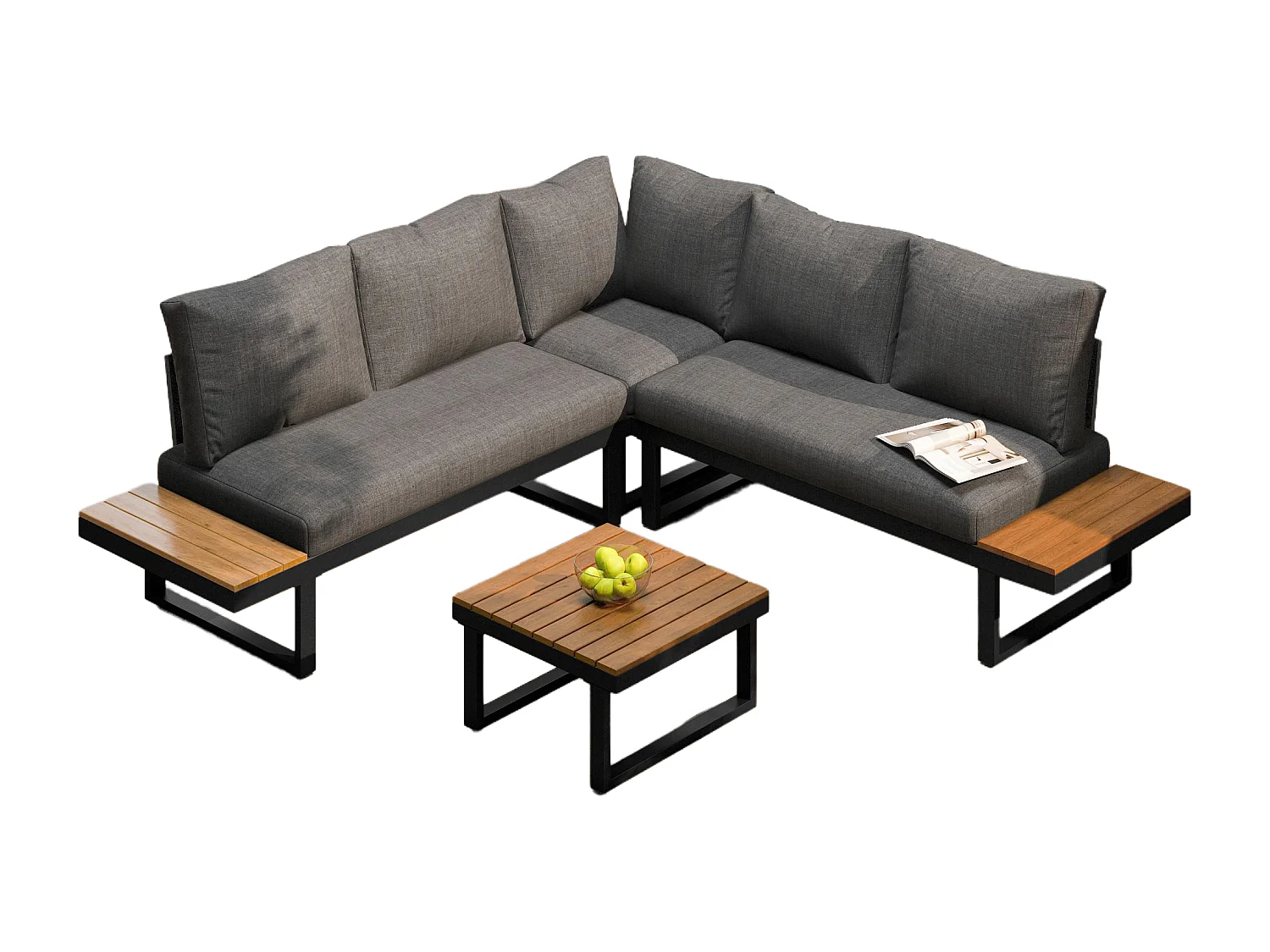 4-Seater Garden Lounge Set - Galvanized Steel - Corner Sofa - 1 Wood Grain Table - Grey