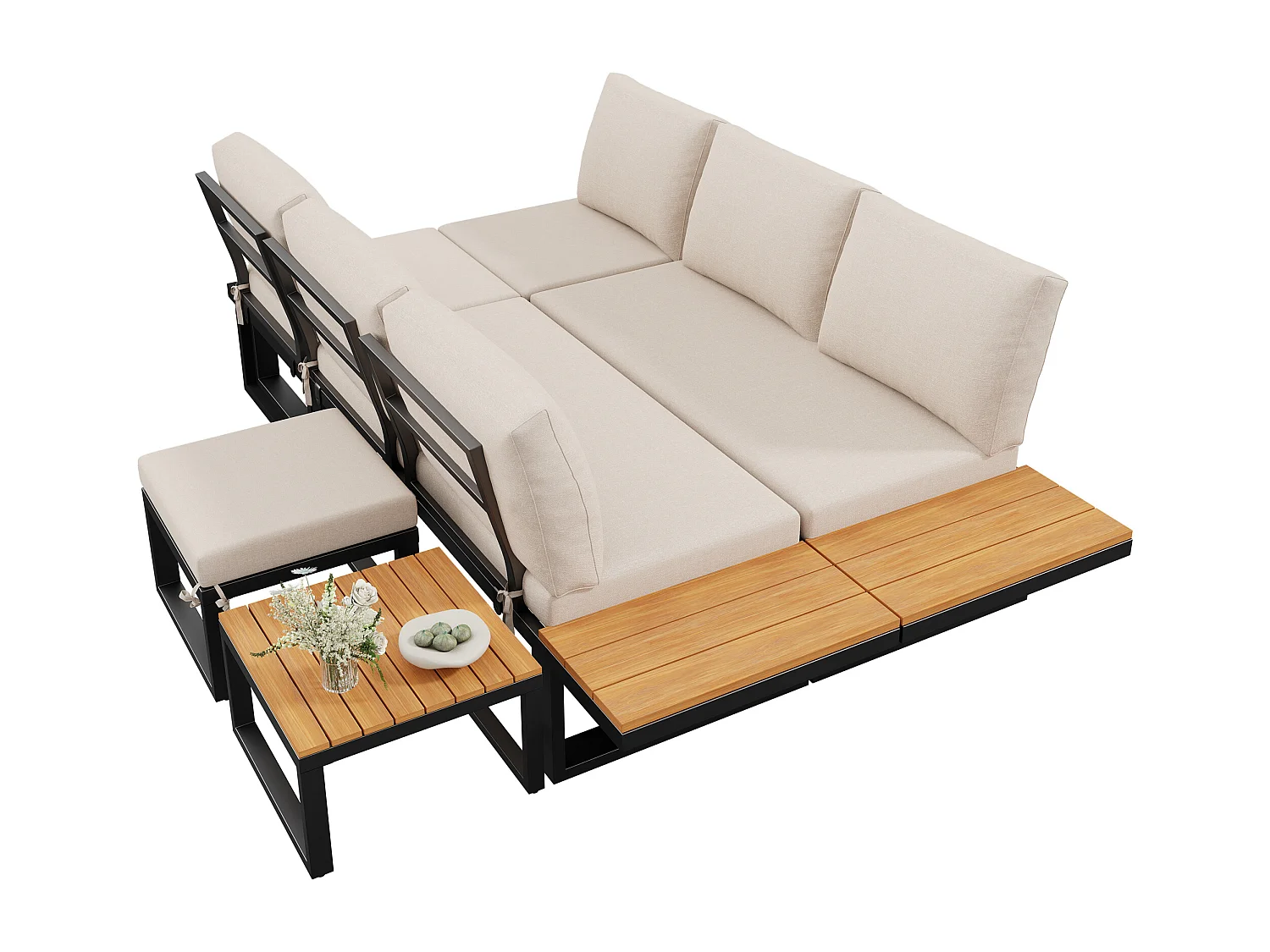 Modulært havemøbel sæt 6 dele - Hjørnesofa med justerbar ryg (5 positioner), 2 puffe og sofabord - Galvaniseret stål - Beige