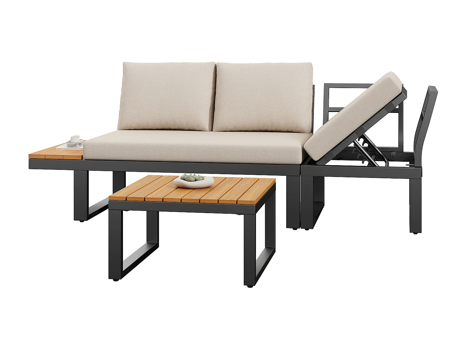 Modulært havemøbel sæt 6 dele - Hjørnesofa med justerbar ryg (5 positioner), 2 puffe og sofabord - Galvaniseret stål - Beige