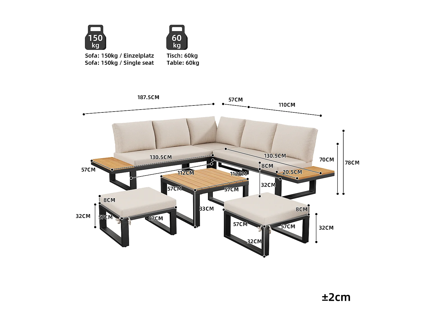 Modulært havemøbel sæt 6 dele - Hjørnesofa med justerbar ryg (5 positioner), 2 puffe og sofabord - Galvaniseret stål - Beige