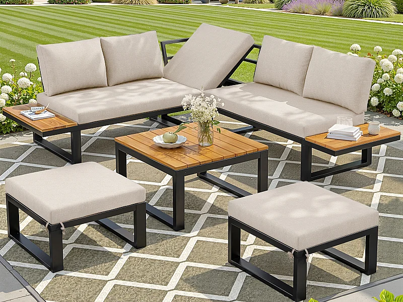 Conjunto de jardín modular de 6 piezas - Sofá esquinero con respaldo ajustable (5 posiciones), 2 poufs y mesa baja - Acero galvanizado - Beige