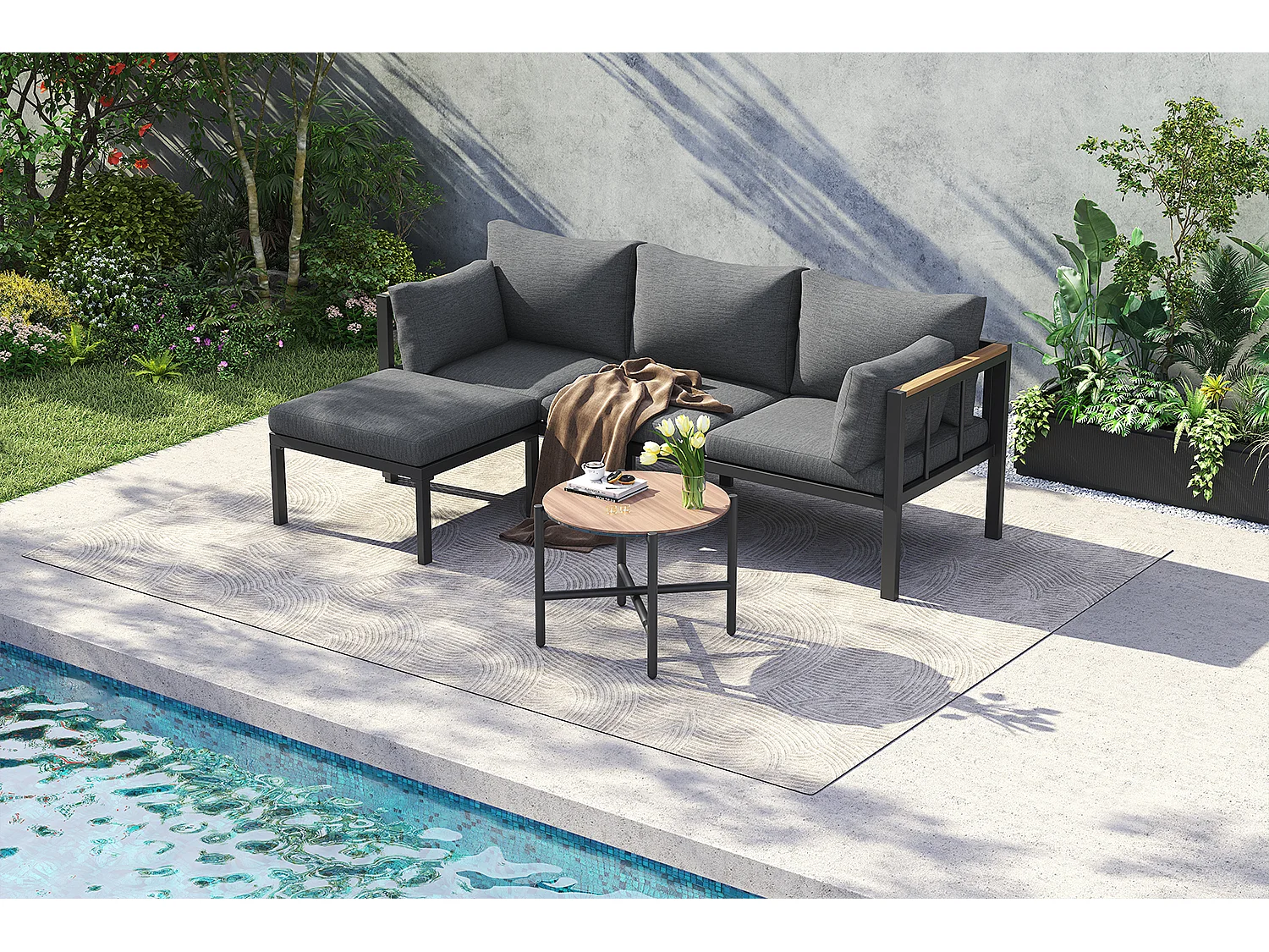 4-Seater Garden Lounge Set - Corner Set, Sofa + Coffee Table + Footstool, Galvanized Steel Tube, Glass Top - Grey