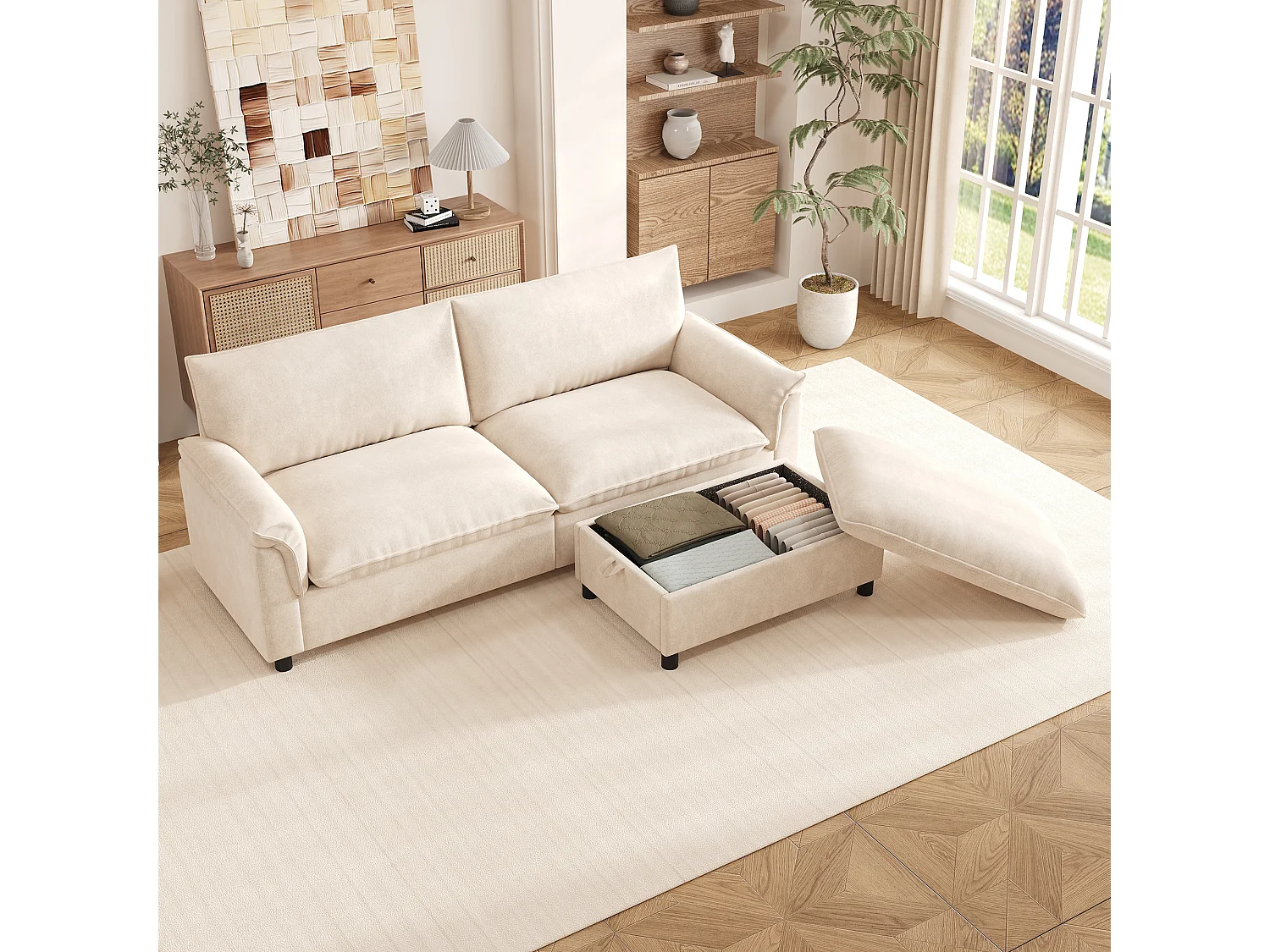 Canapé moderne 216 × 77 × 82 cm - avec repose-pieds amovible - avec espace de rangement - Chenille - Beige