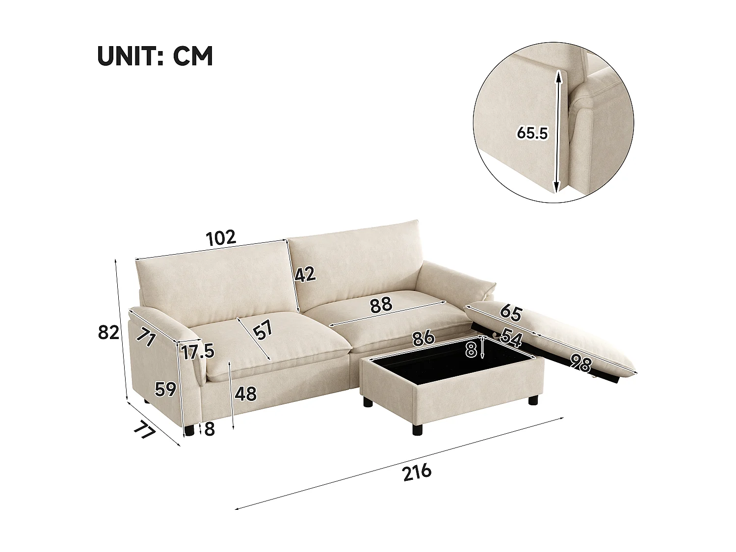 Canapé moderne 216 × 77 × 82 cm - avec repose-pieds amovible - avec espace de rangement - Chenille - Beige