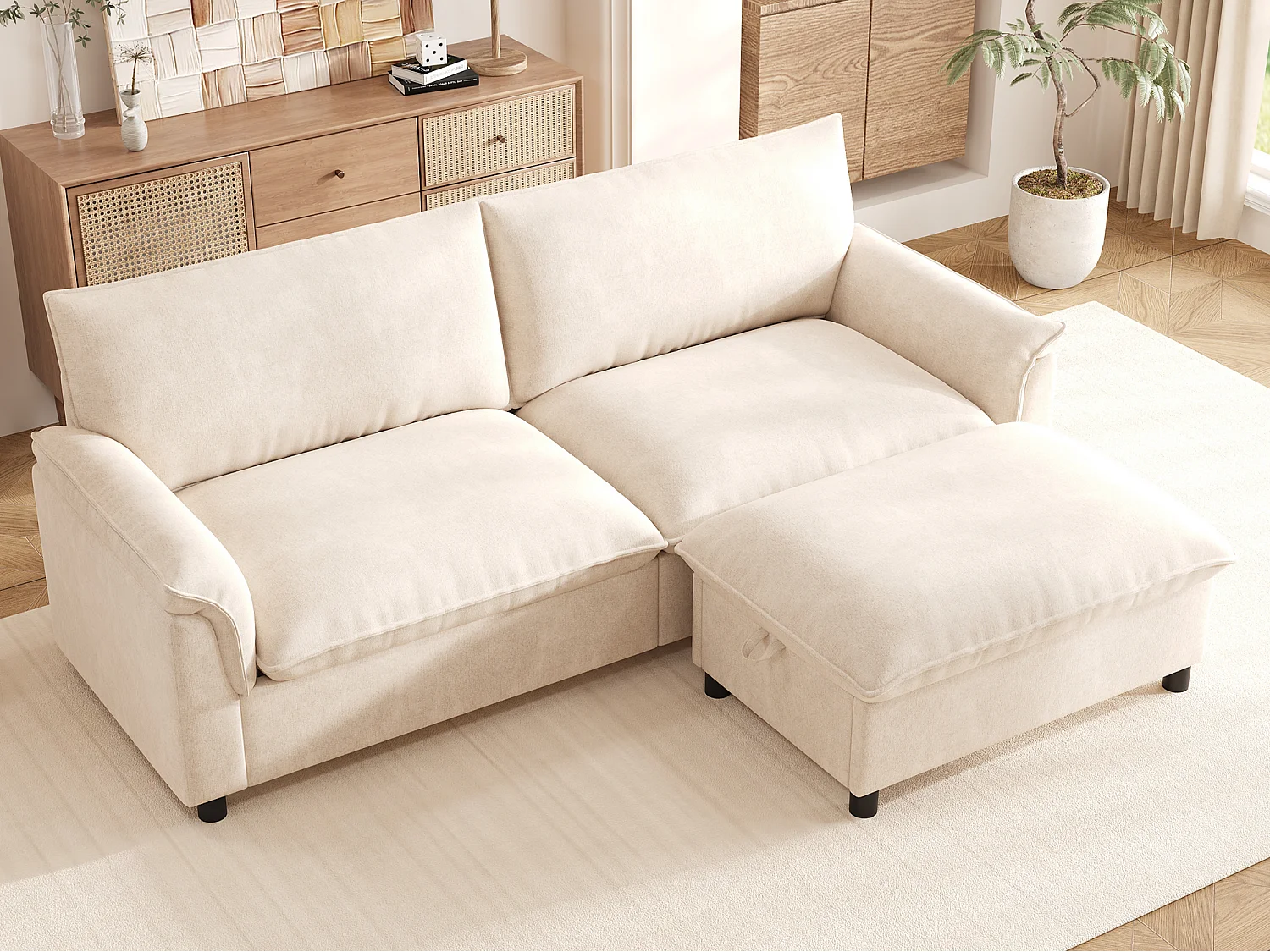 Canapé moderne 216 × 77 × 82 cm - avec repose-pieds amovible - avec espace de rangement - Chenille - Beige