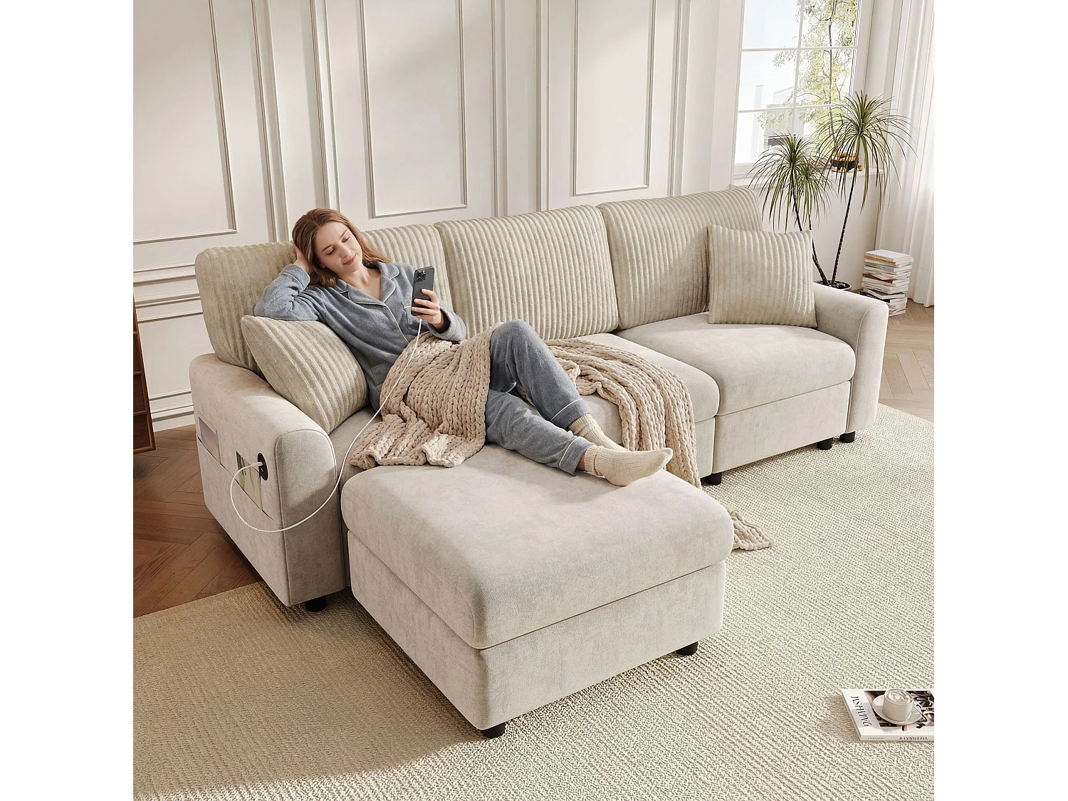 Canapé moderne 223 × 84 × 146 cm - avec 1 repose-pieds - avec 2 coussins carrés, port USB et port USB-C - Beige