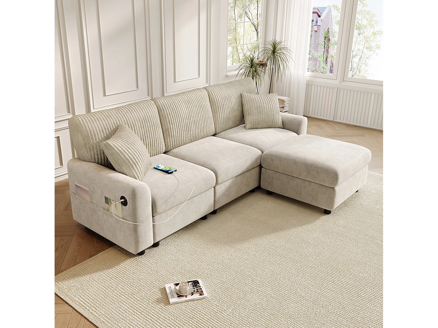 Canapé moderne 223 × 84 × 146 cm - avec 1 repose-pieds - avec 2 coussins carrés, port USB et port USB-C - Beige