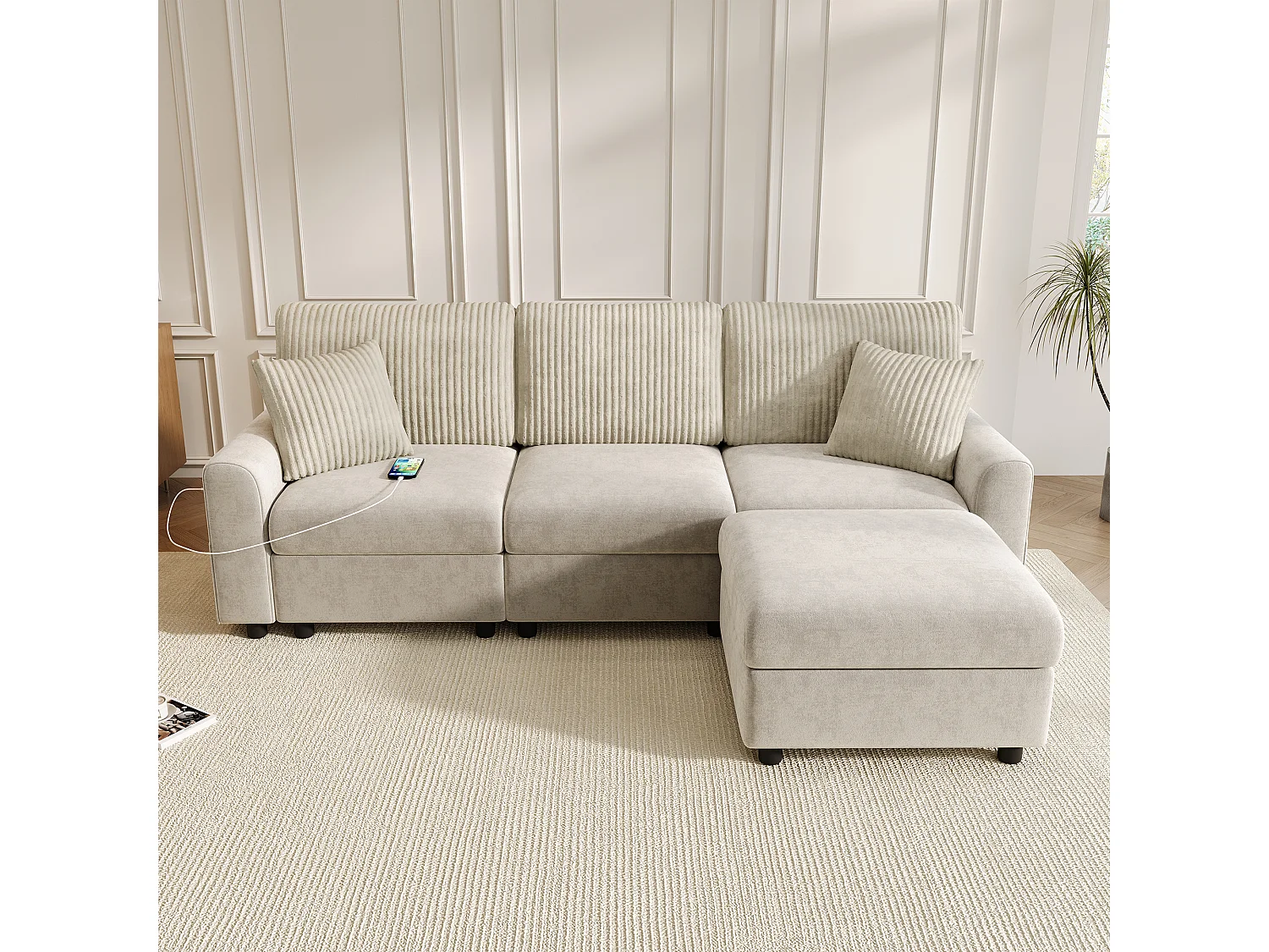 Canapé moderne 223 × 84 × 146 cm - avec 1 repose-pieds - avec 2 coussins carrés, port USB et port USB-C - Beige