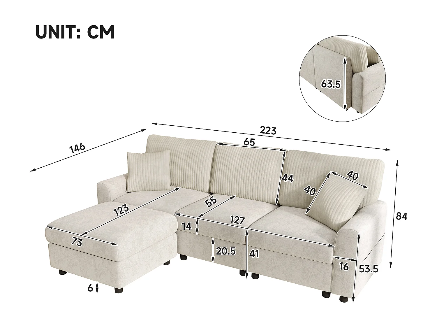Canapé moderne 223 × 84 × 146 cm - avec 1 repose-pieds - avec 2 coussins carrés, port USB et port USB-C - Beige