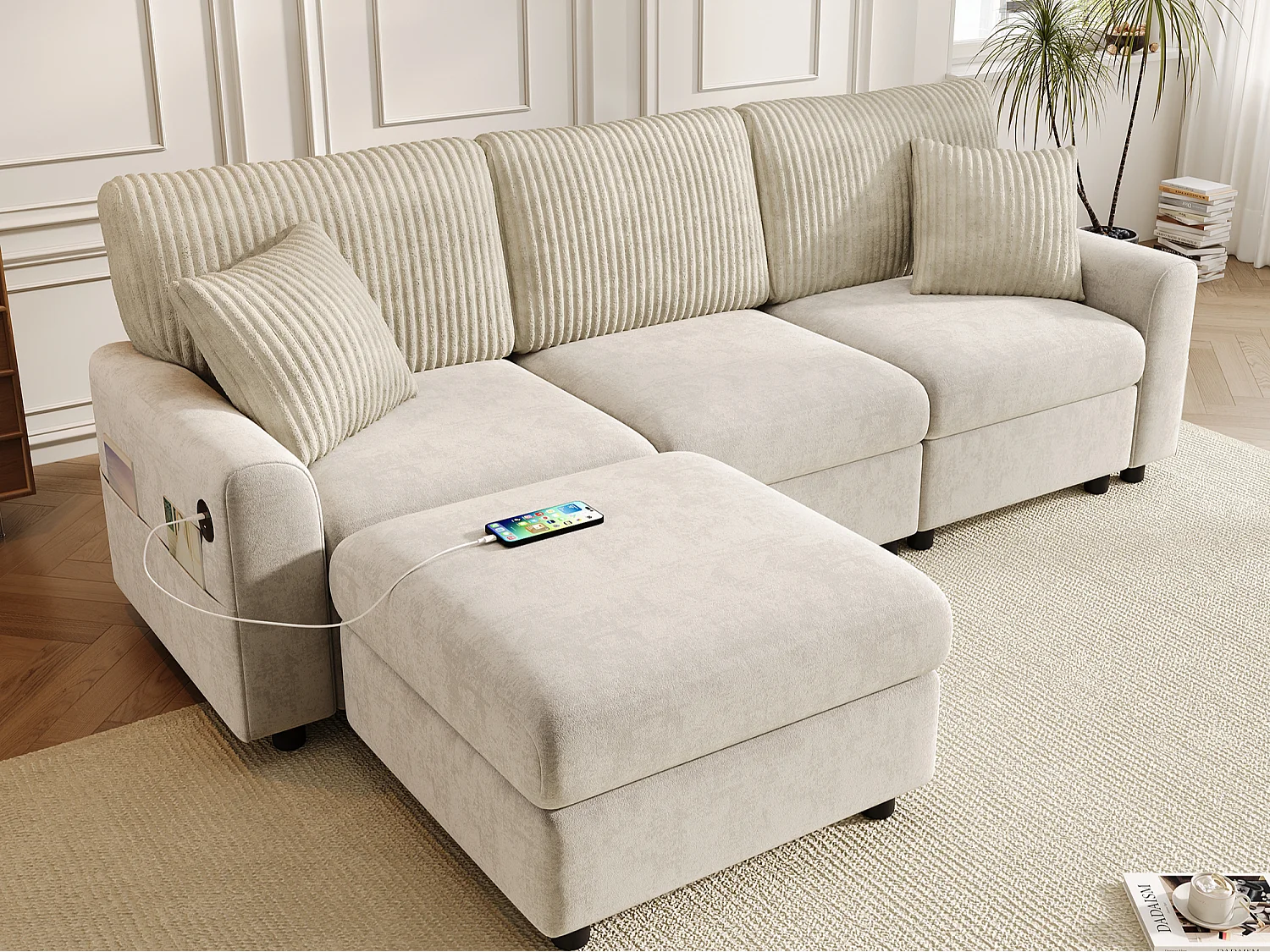 Canapé moderne 223 × 84 × 146 cm - avec 1 repose-pieds - avec 2 coussins carrés, port USB et port USB-C - Beige